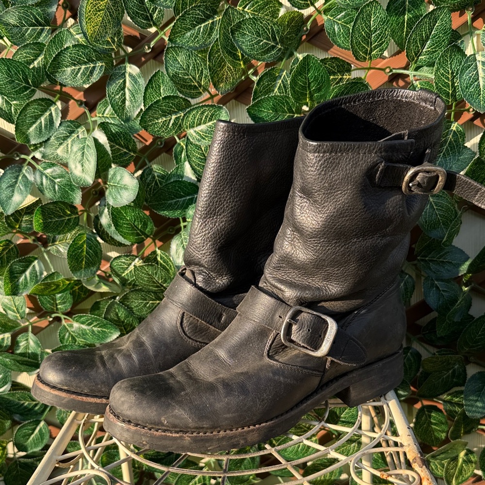 Frye Dark Leather Moto Boots with Buckles